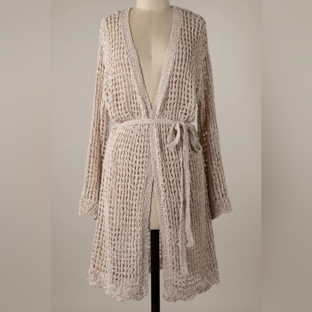 Miracle Open Crochet Belted Cardigan In Blush
